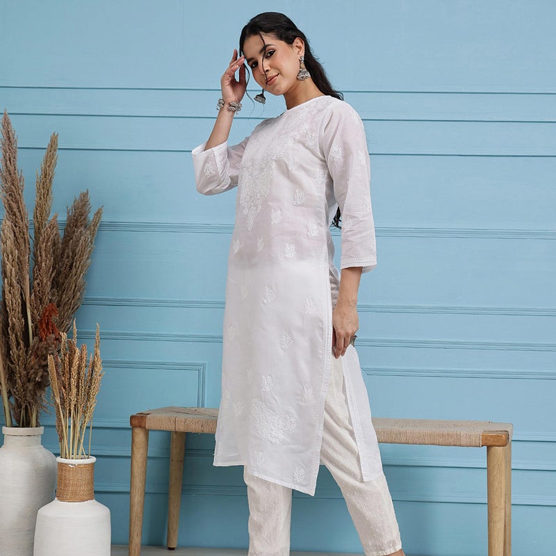 ADA كورتا كيرتي تونك قطن نسائي مطرزة يدوياً بأسلوب تشيكانكاري أدا A208441 (3X-كبير، أبيض) - Image 3